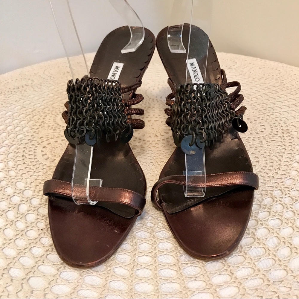 Manolo Blahnik Metallic Copper Leather & Maille Metal Chain Strap Wrap Sandals